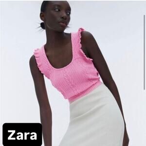 Zara Pink Ribbed Knit Ruffle Tank Top
